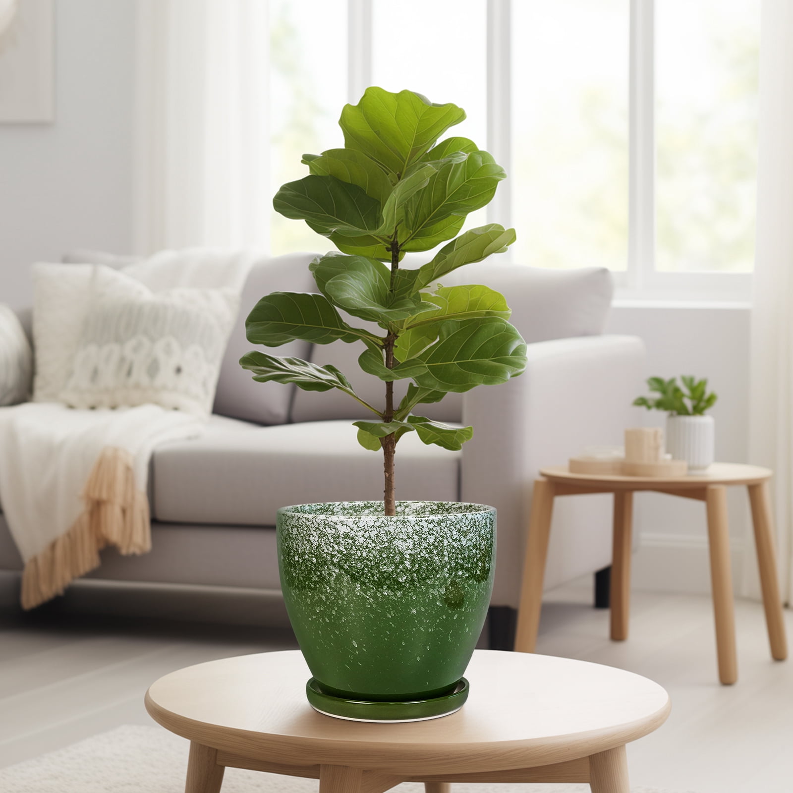 EPFamily 8-Inch Green Ceramic Planter with Drainage Hole and Saucer – Indoor Outdoor Drip Glaze Plant Pot for Houseplants, Snake Plant, Pothos