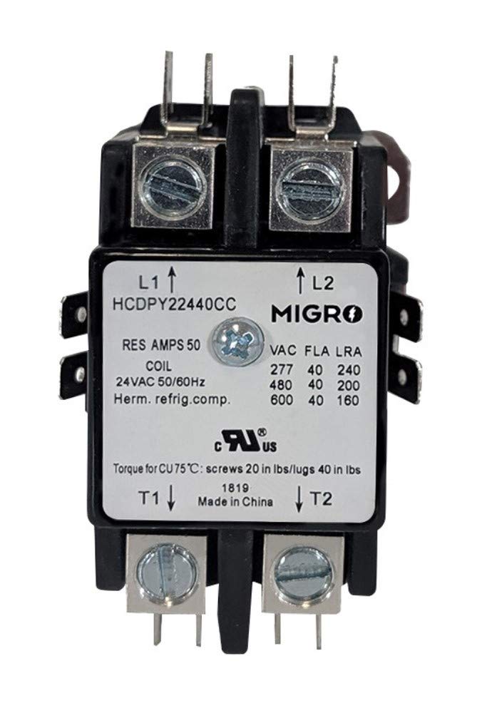 Migro 40 Amp 2 Pole NEMA 600V HVAC Heavy Duty Definite Purpose Contactor Motor Load 40A and Lighting Load 50A 24V Coil
