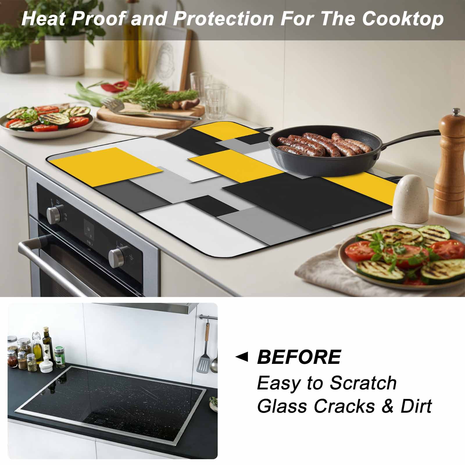 Yellow Grey Black Geometric Stove Top Cover for Electric Stove, Heat-proof & Non Slip Glass Top Stove Cover Protector, Modern Abstract Art Kitchen Flat Cooktop Rubber Mat 36x21 Inches