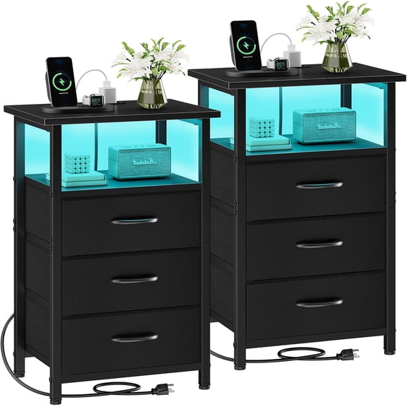 Set of 2 Black Night Stands with Charging Station, LED Nightstand for Bedroom, Bedside Table with 3 Fabric Drawers, End Table with USB Ports & Outlets