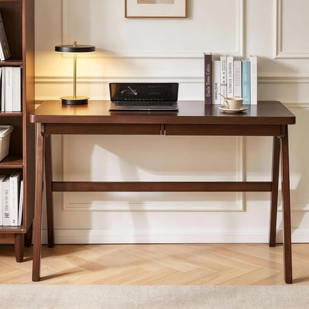 Noble House 39.37" Solid Wood Computer Desk with Drawer, Writing Desk with 1.38" Thick Desktop, Walnut