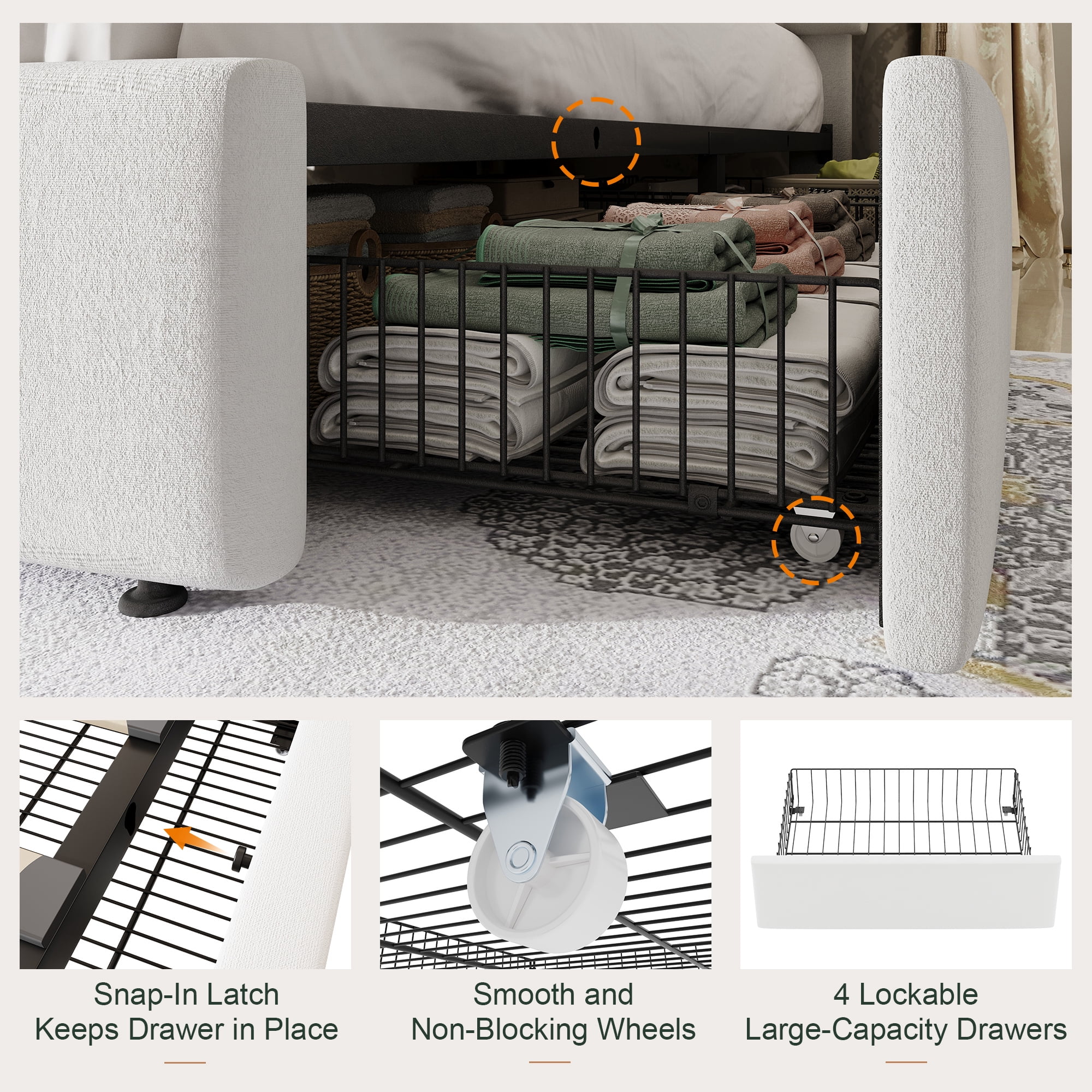 Amolife Queen Bed Frame, Platform Bed with Adjustable Velvet-Wrapped Headboard and 4 Storage Drawers, No Box Spring Required, White