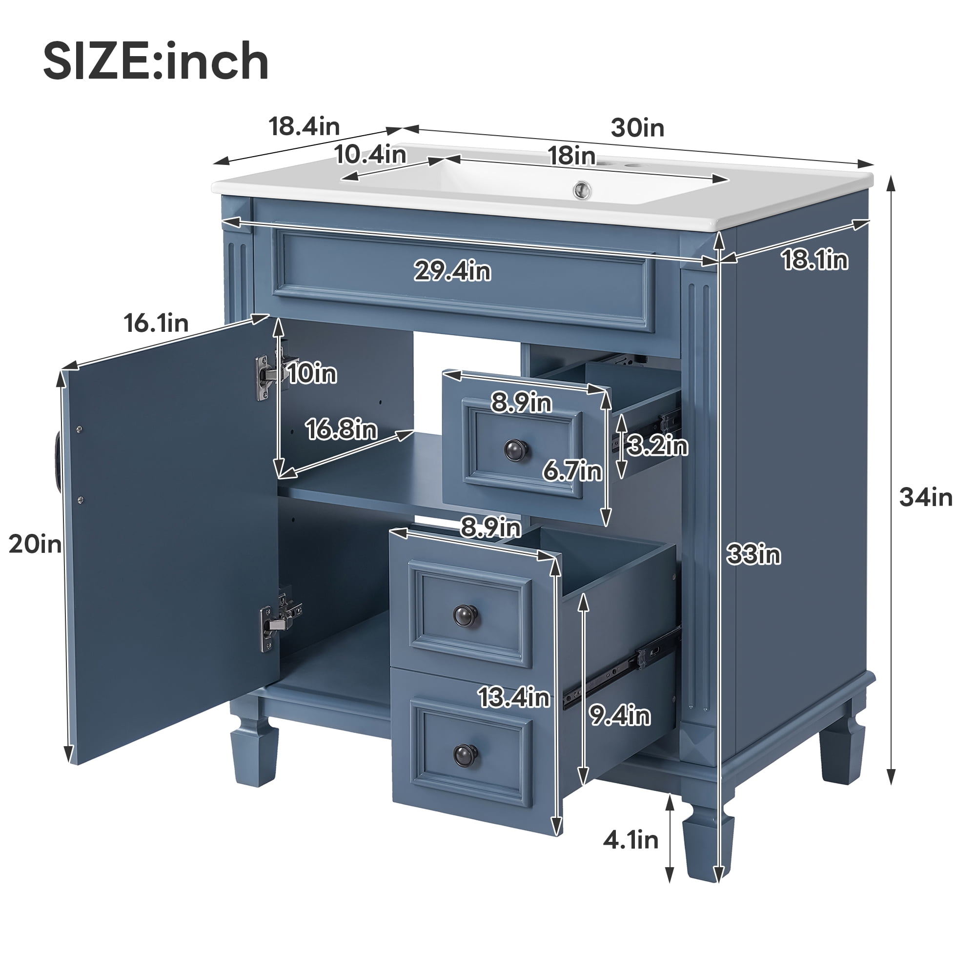 Harper & Bright Designs 30'' Small Bathroom Vanity with Sink, Modern Bathroom Cabinet Freestanding with Drawers, Bathroom Storage Cabinet with Adjustable Shelf, Blue