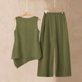 thumbnail image 4 of 2 Piece Women's Casual Linen Blend 2 Piece Outfit - Sleeveless Crew Neck Top with Decorative Side Buttons & High Waist Wide Leg Pants with Pockets, Solid Color Army Green 2XL, 4 of 6