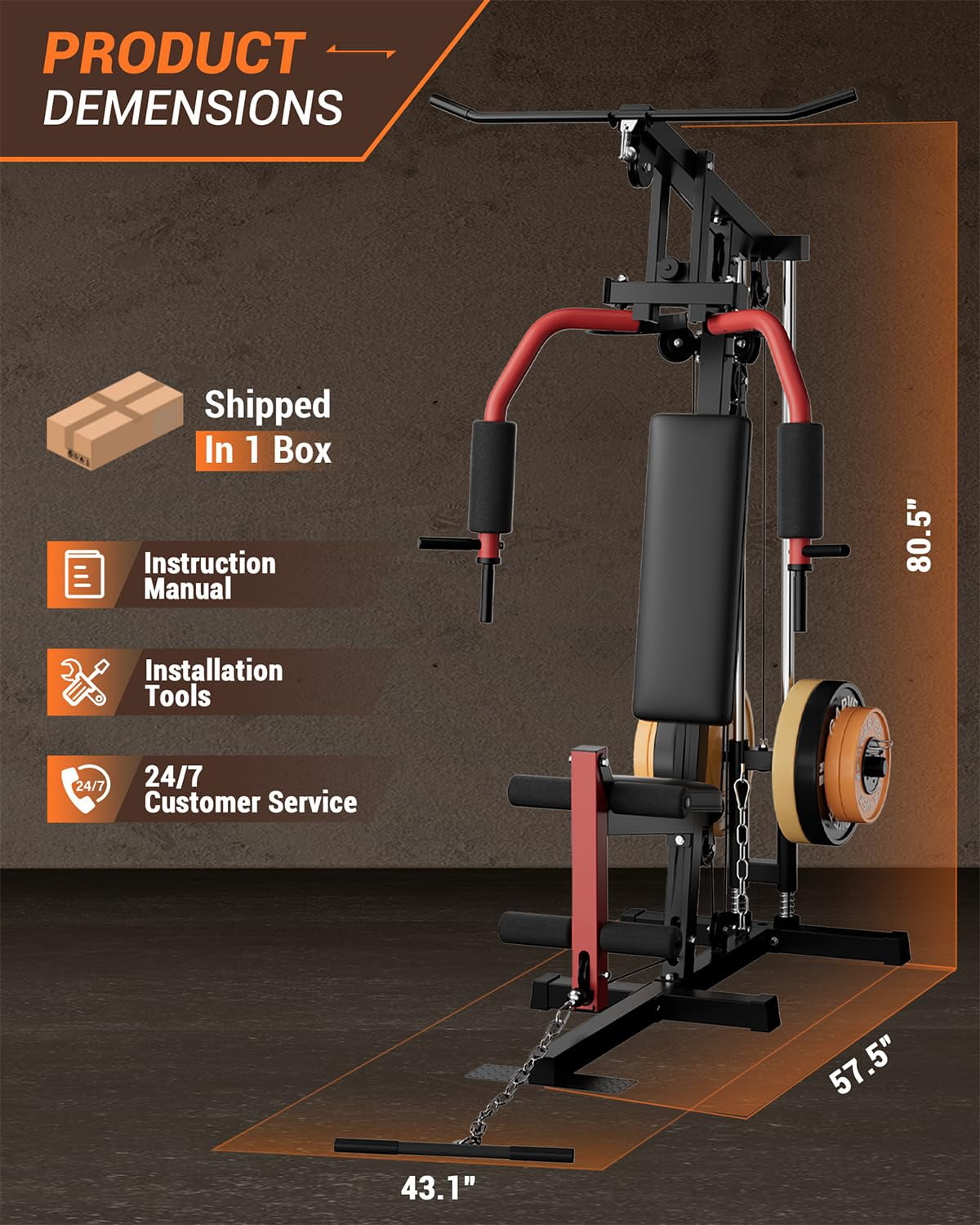 BouPower Home Gym Equipment, Multifunctional Home Gym Machine with Pulley System, Full Body Workout Exercise Equipment for Strength Training, Fits 1" & 2" Hole Diameters of Weight Plates (No Include)