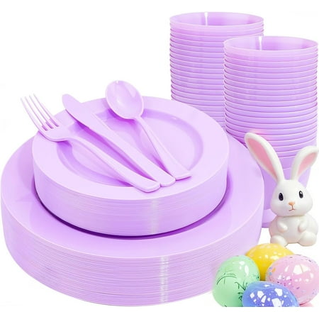 

150 Pieces Plastic Plates Disposable-Purple Dinnerware Set Include 25 Dinner Plates 25 Salad Plates 25Forks 25Knives 25Spoons 25Clear Purple Cups for Birthday and Easter party