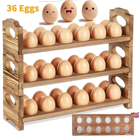Egg Holder Countertop, 3-Tire Solid Wooden Egg Holder, Stackable Egg Storage Basket Holding Up to 36 Fresh Eggs
