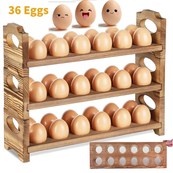 Egg Holder Countertop, 3-Tire Solid Wooden Egg Holder, Stackable Egg Storage Basket Holding Up to 36 Fresh Eggs