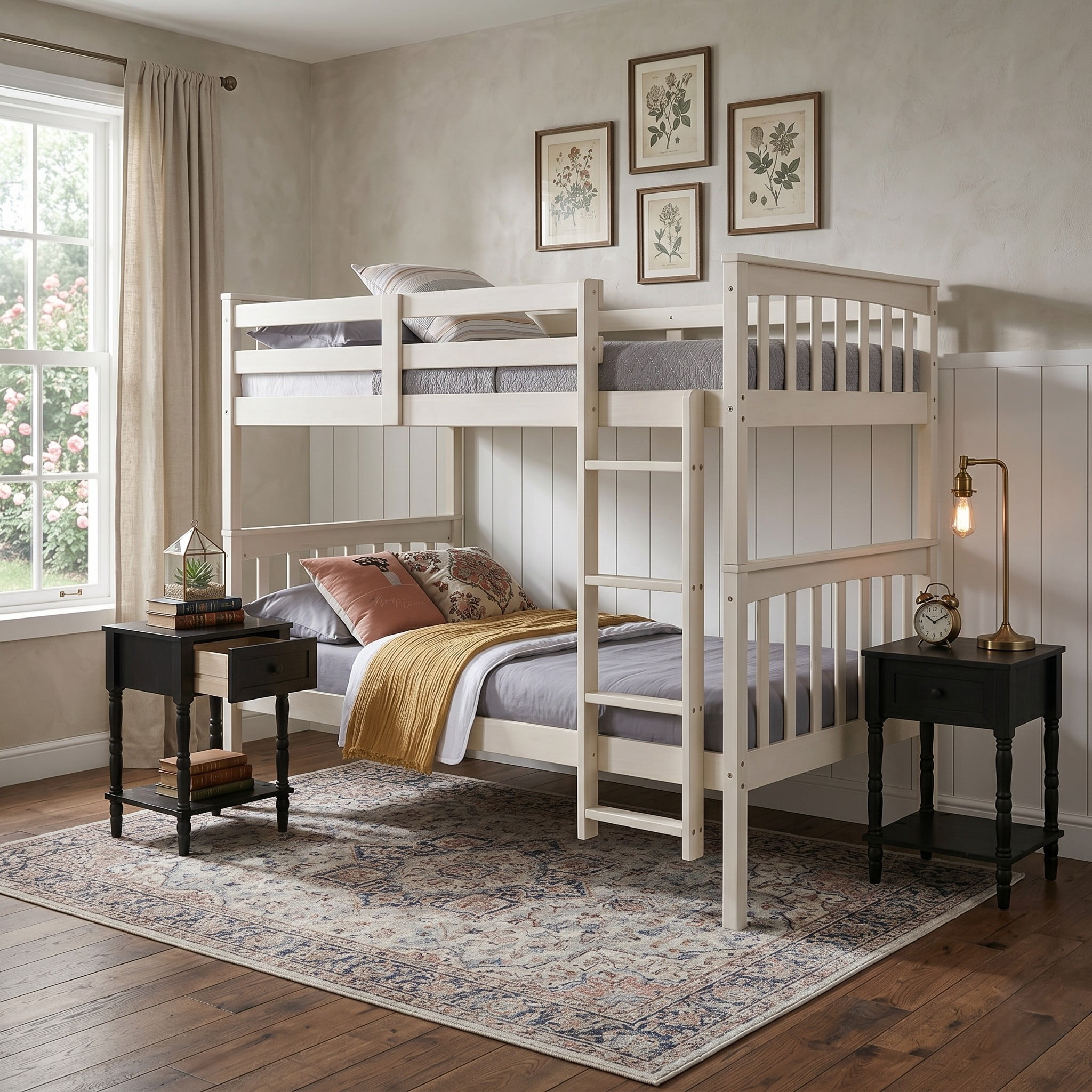 Home Design Ames Twin Over Twin Solid Wood Bunk Bed with 2 Ruston Nightstand – 3-Piece Space-Saving Bedroom Set, Antique White/ Black