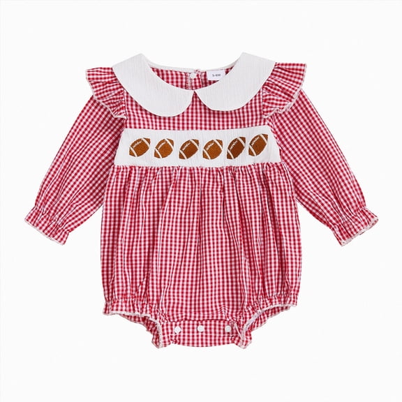 felwors Newborn Baby Girl Football Outfit Smocked Bubble Romper Ruffle Long Sleeve Rugby Plaid Bodysuit Infant Fall Clothes