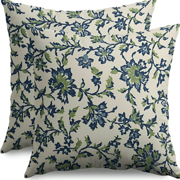 LAMIRO Navy Blue Green Floral Block Print Pillow Covers 16x16 Set of 2 Vintage Flower Rustic Old Style Modern Patterned Cream Decorative Throw Pillow Cases Outdoor Farmhouse Decoration