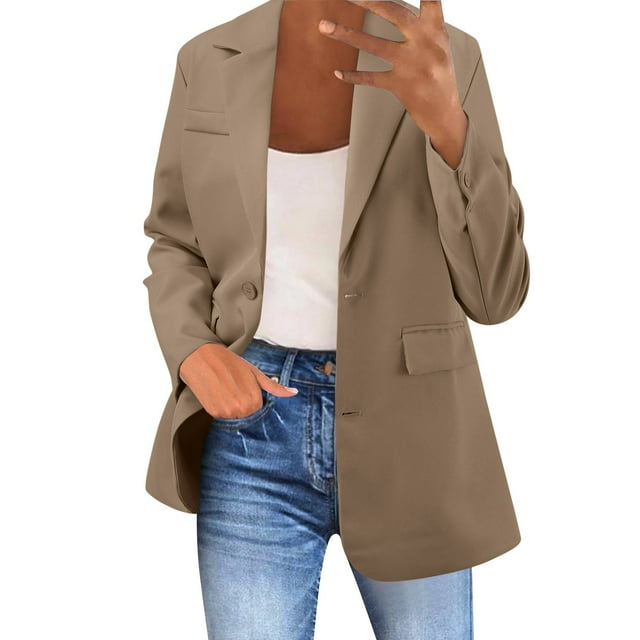 Women's Lapel Button Front Long Sleeve Business Suit Jacket Coat with Pockets for Formal Wear
