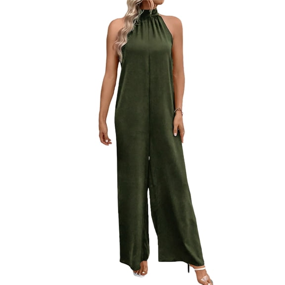 Avirosel Women's Elegant Sleeveless Wide-Leg Jumpsuit with Keyhole Back, Satin-Like Fabric for Cocktail Parties and Formal Events