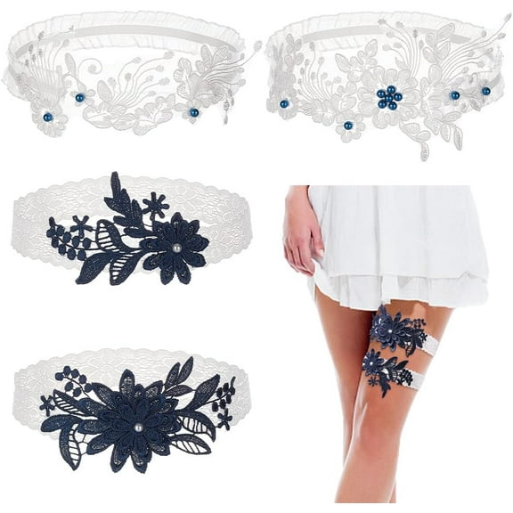 1Bag 4Pcs Lace Garters Bride Wedding Garter 2 Style Floral Pearl Stretch Leg Garter Set Elastic Flower Thigh Ring with Plastic Pearl for Wedding Party and Birthday Party Blue and White