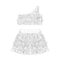 thumbnail image 5 of Kids Girls 2 Piece Dance Outfits Sets Sequin One Shoulder Crop Top with Skirt Jazz Latin Ballroom Costume White 4-5Years, 5 of 6