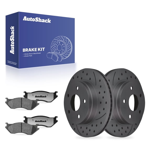 AutoShack Front Vented Drilled & Slotted Coated Brake Rotors Black Matte Finish   Ceramic Pads 6-PC Brake Kit Replacement for 2002-2005 Dodge Ram 1500 BlackShield 13.22" (335.9 mm)