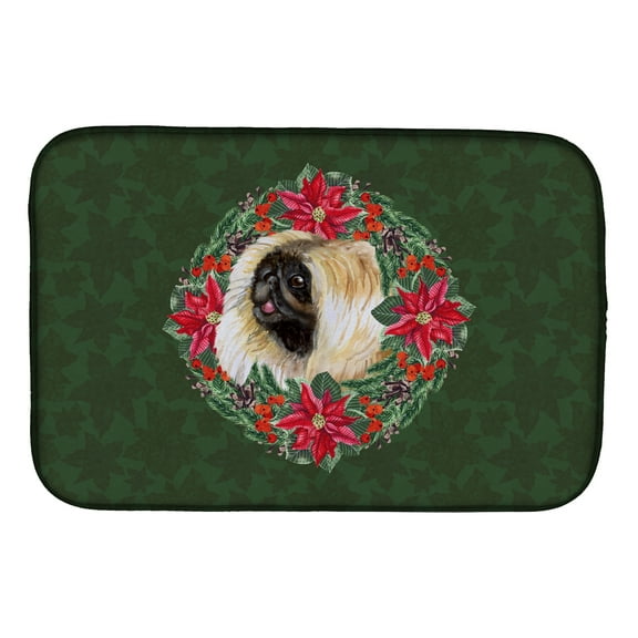 Pekingese Poinsetta Wreath Dish Drying Mat