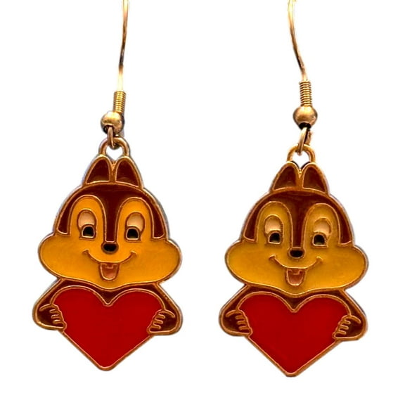 Chipmunk Cartoon Earrings Heart Charm Pendant French Wire