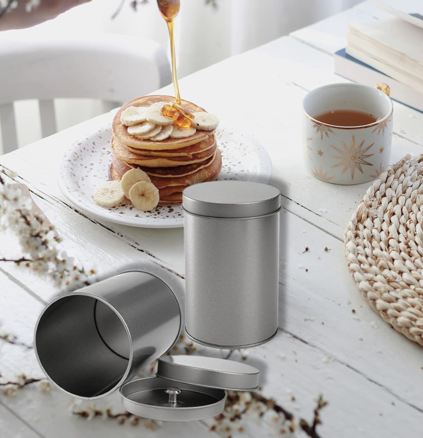 6 Pack Tea Tin Canister with Airtight Double Lids, 12 Fluid Oz Tin Can Box and Small Round Kitchen Canisters for Loose Tea, Coffee, Candy, Herbs and Spices(Silver)