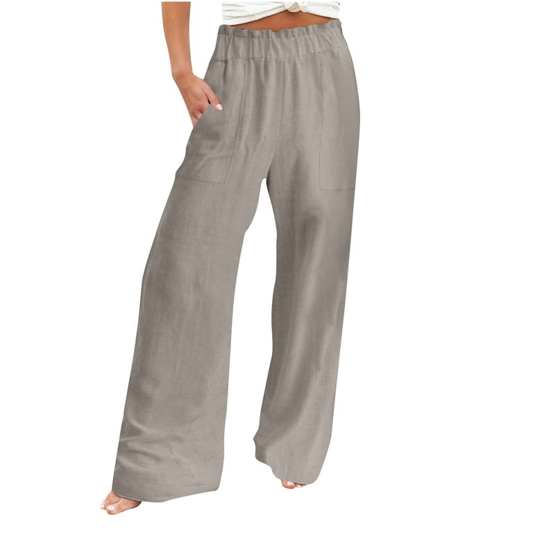 Women Summer Cotton Linen Palazzo Pants Smocked High Waisted Wide Leg Long  Lounge Pants Trousers with Pockets 