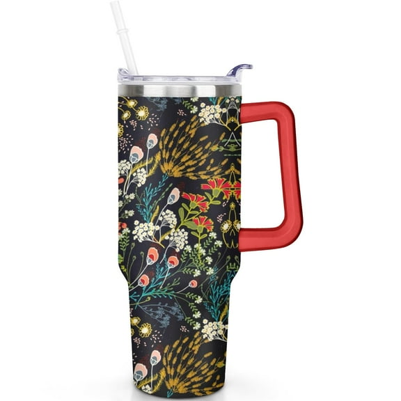 40 oz Stainless Steel Travel Tumbler Flowers and Plants Vacuum Insulated with Handle Flip Straw Lid Leak Proof Cup Gift for Men Women