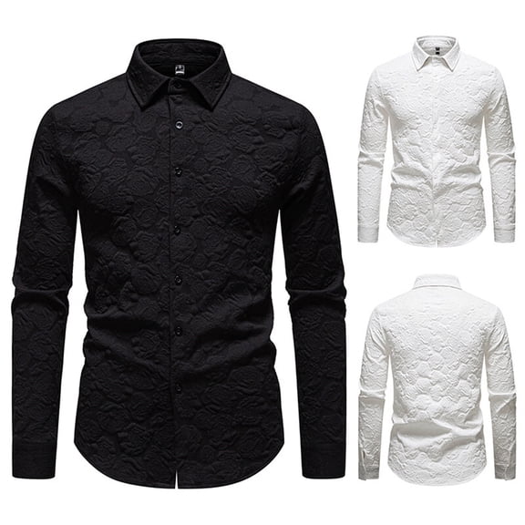 Men’s Slim Fit Embossed Lapel Long Sleeve Button Down Casual Fashion Shirt