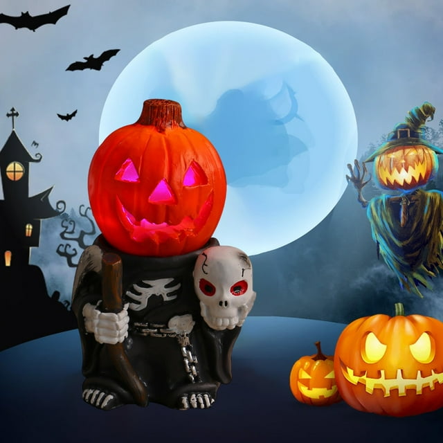 Decoraciones de Halloween, adornos de Halloween, luces LED de Halloween, adorno de mesa de jinetes de calabaza, cabeza de calabaza pequeña brillante, decoración de resina fantasma para jardín, adorno