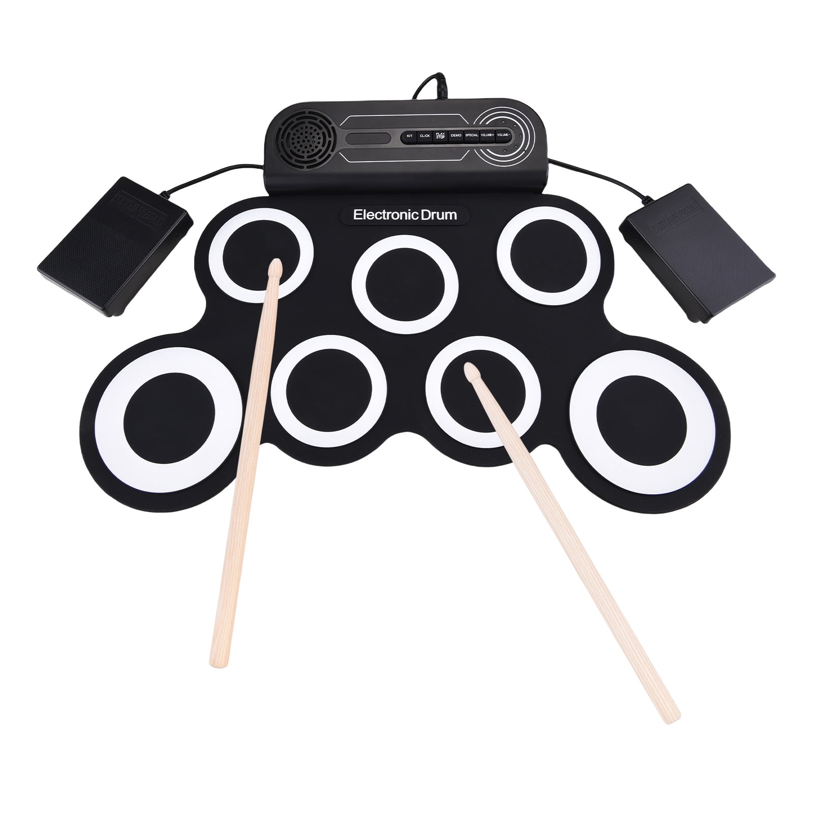 Suodoka 7-Pad Portable Tabletop Electronic Drum Set with Built-in Speaker, Drumsticks, and Foot Pedals, Rechargeable Silicone Practice Kit for Beginners (Black and White)