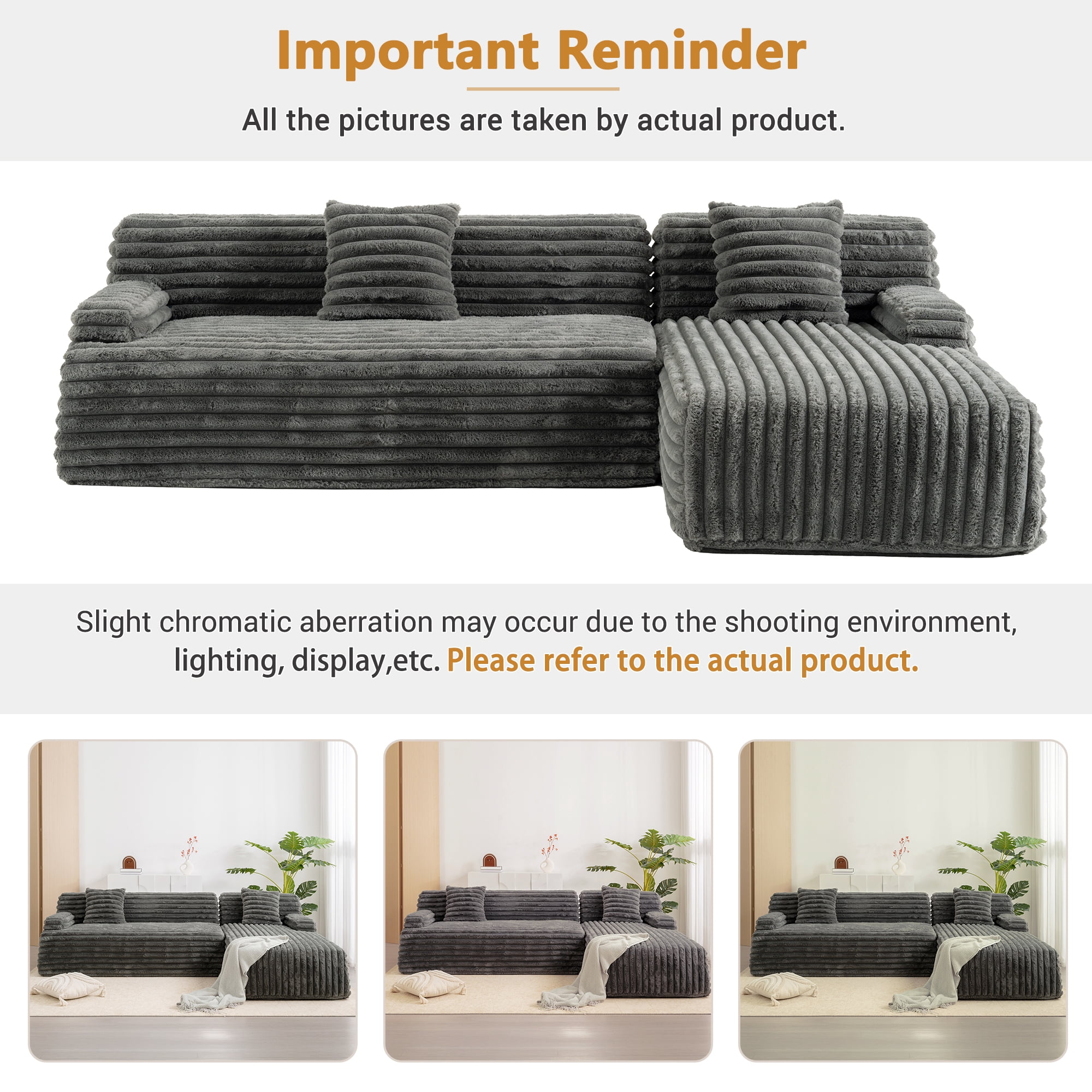 MOONMISS 110" Faux Rabbit Fur L-Shaped Modern Minimalist Modular Free Combination Sofa-Gray