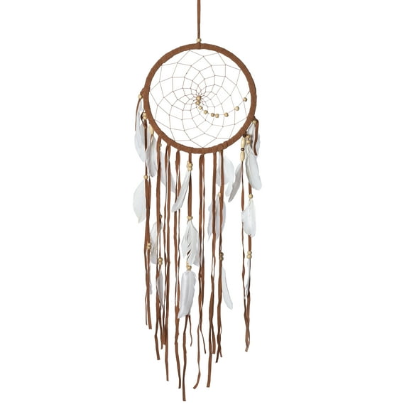 Brown Dream Catcher Suede And Feather Boho Style Dreamcatcher Home Decor - Hand Crafted XL Size 8.5" Diameter x 33" Long