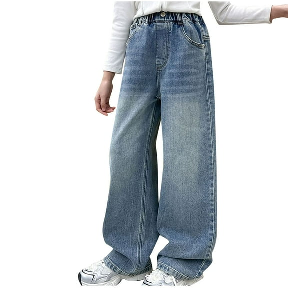 WRKEKC Girls Cargo Jeans, Casual Pants for Girls, Children Girls' Jeans Long Pants Children's Loose Pants Straight Leg Pants Wide Leg Pants Casual Outerwear Pants