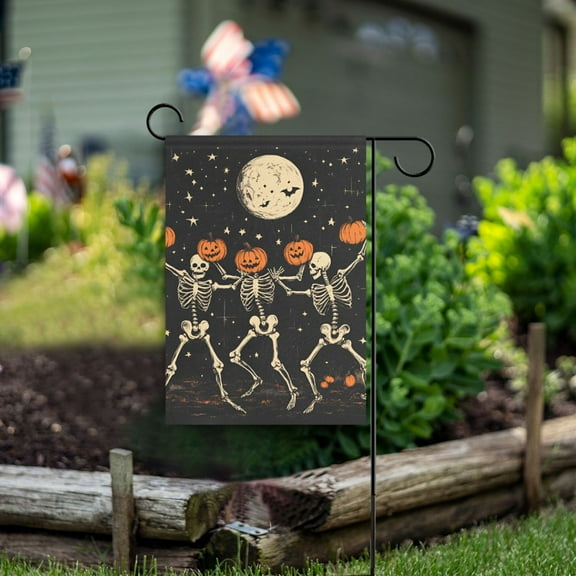 Yayeee Garden Flag 12" x 18" Double Sided Outdoor Yard Lawn Holiday Decorations, Black Halloween Dancing Skeleton