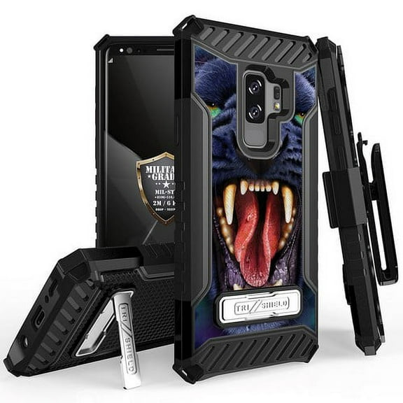 Galaxy S9 Plus Case, Trishield Durable Rugged Heavy Duty Phone Cover [ Belt Clip Holster] And Built in kickstand For Samsung Galaxy S9 Plus - Printed Panther Black