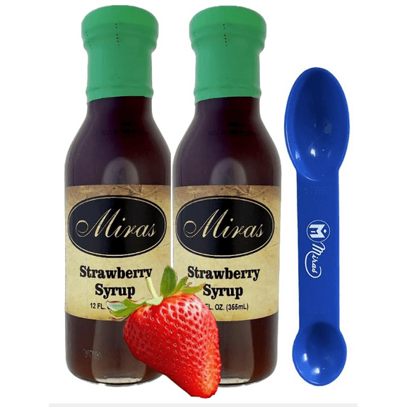 (Pack of 2) Miras Strawberry Syrup Sweet & Delicious Strawberry Syrup - Perfect for Pancakes, Waffles, Desserts, and More! 12oz Glass Bottles (2in1) Miras Trademark Measuring Spoon Included)