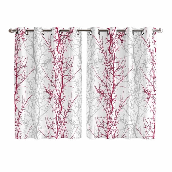 Red Grey Branch Kitchen Curtains 63 Inch Length, Spring Summer Pastoral Botanical Grommet Top Bedroom Living Room Curtains, Light Filtering Cafe Curtain Drapes 2 Panels Set 104''x63''