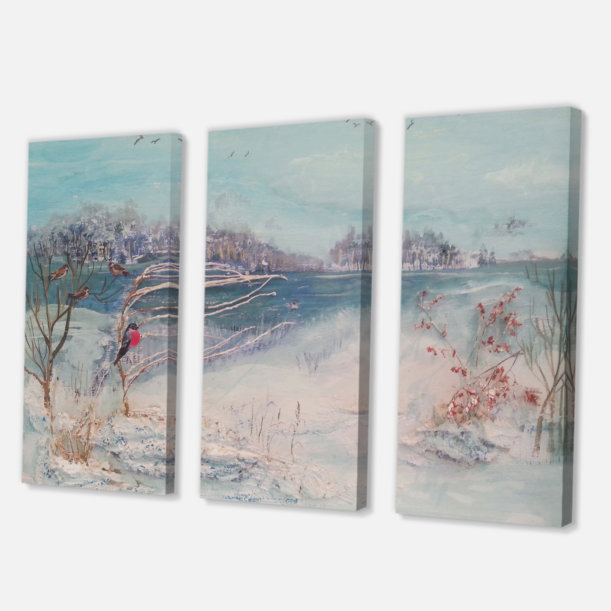 Designart ' Birds and Winter Trees By River ' Lake House Canvas Wall Art Print