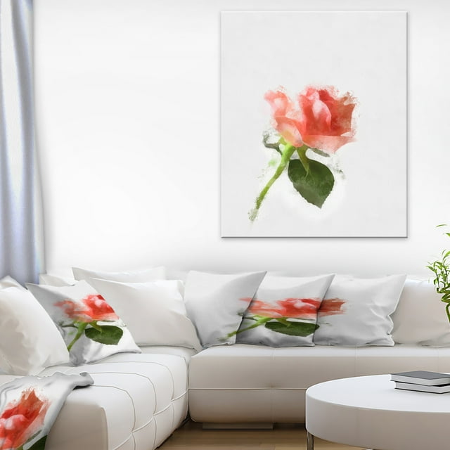Aquarelle de Rose Rose avec Tige - Grande Œuvre d'Art Florale sur Toile