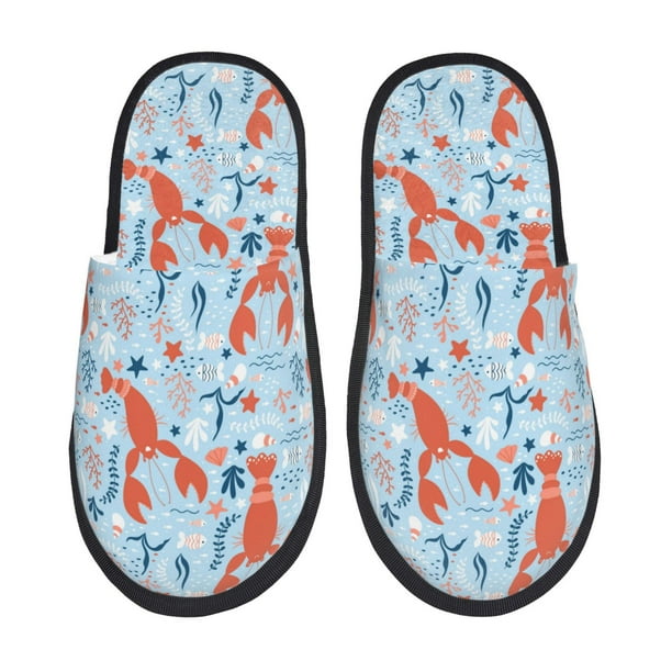 Balery Lobsters Pantuflas de Casa de Felpa Silenciosas con Diseño Estampado, Zapatillas Cómodas Antideslizantes de Algodón para Interior-Large