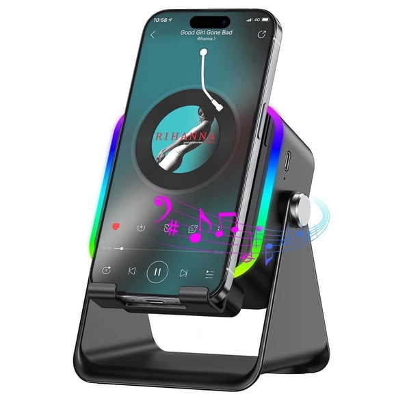 Wireless Induction Bluetooth Speaker 5-in-1 with Phone Stand, 360° Adjustable Holder, RGB Light, Rechargeable, for iPhone Android iPad, Black