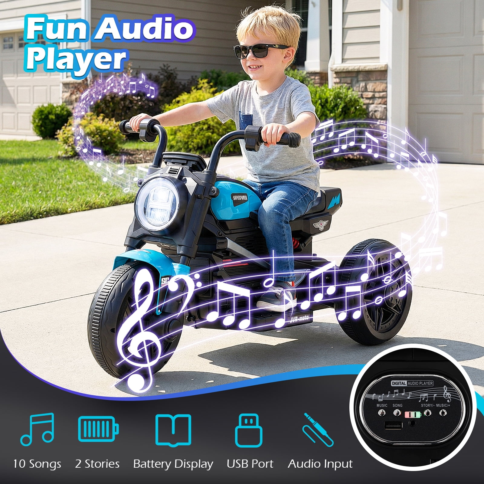 Gymax 6V Kids Motorcycle w/Song Story LED Headlights Accelerator Pedal & 3 Wheels Blue