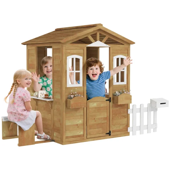 Outdoor Playhouse for Kids Wooden Cottage with Working Doors Windows & Mailbox for Age 3-6 Years, Natural Wood