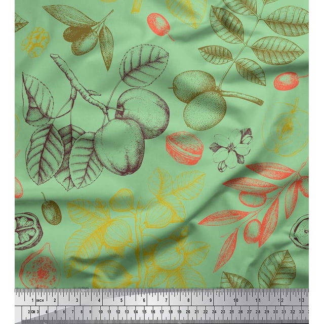 Soimoi Poly Georgette Fabric Leaves & Palm Fruits Print Sewing Fabric Yard 52 Inch Wide