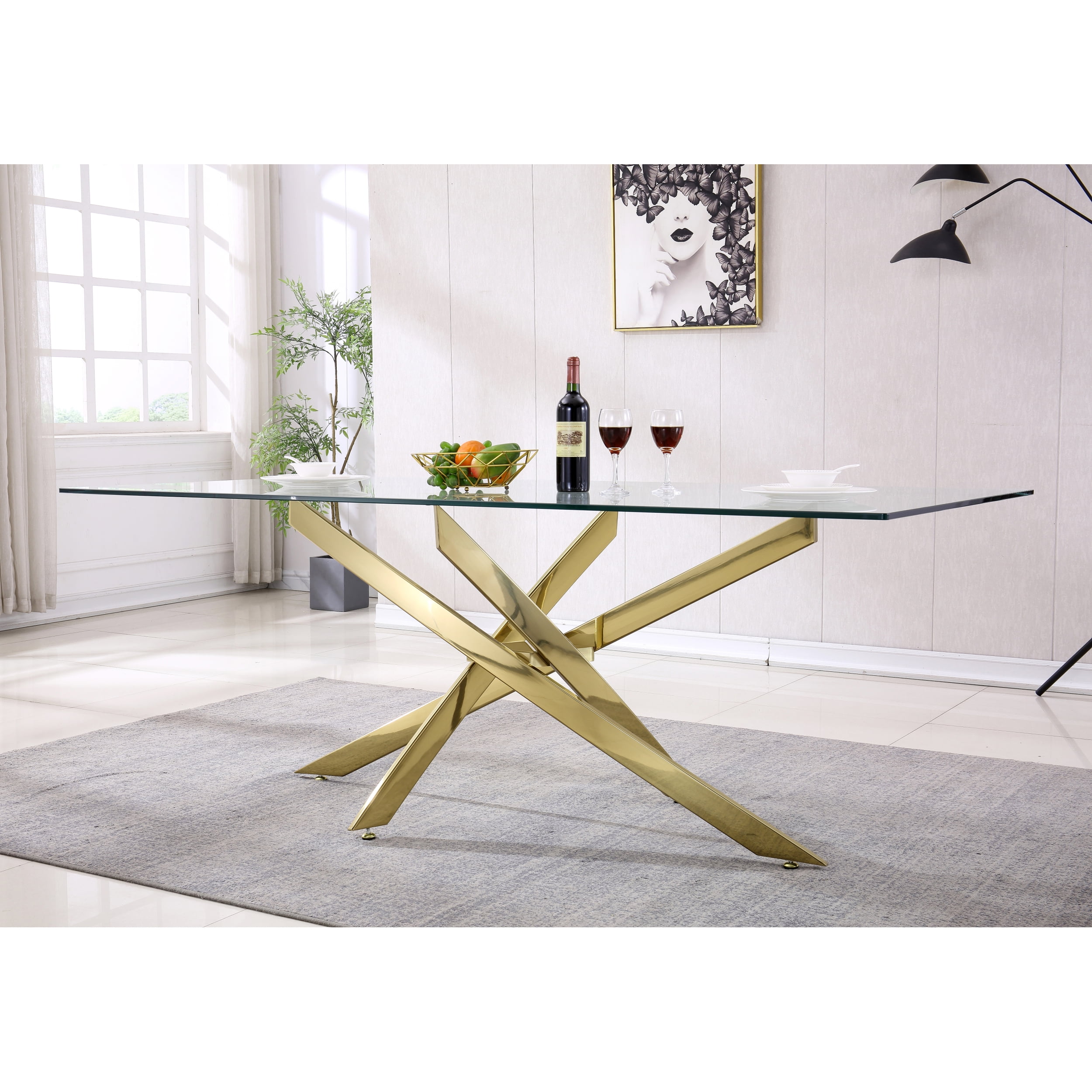 Modern Tempered Glass Top Dining Table, Gold Mirrored Finish