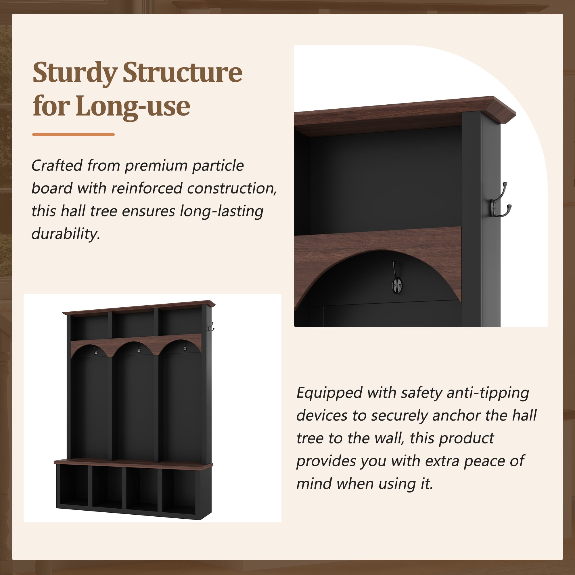 Euroco Farmhouse Wooden Style Hall Tree with Arched Design, Practical Entryway Walnut Storage Bench with 5 Black Hooks, Minimalist 4-in-1 Hallway Shoe Cabinet with 7 Cubbies