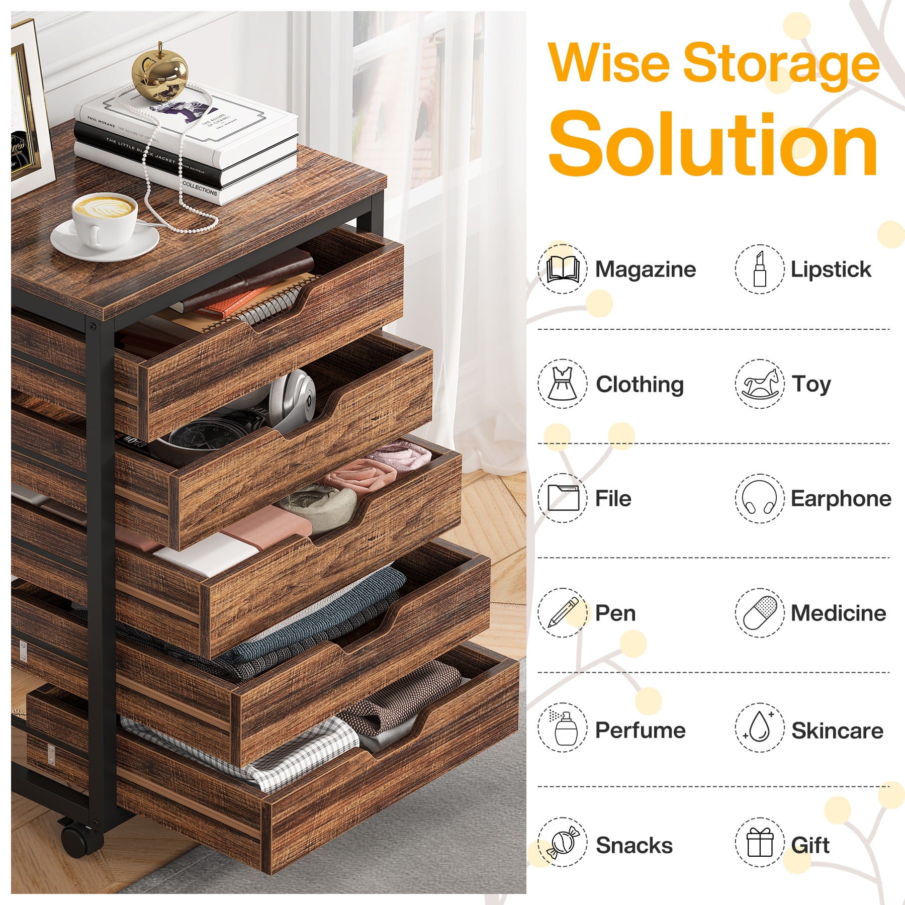 Tribesigns 5 Drawer Chest, Wood Storage Dresser Cabinet with Wheels, Industrial Storage Drawer Organizer Cart for Office Bedroom Entryway, Rustic Brown