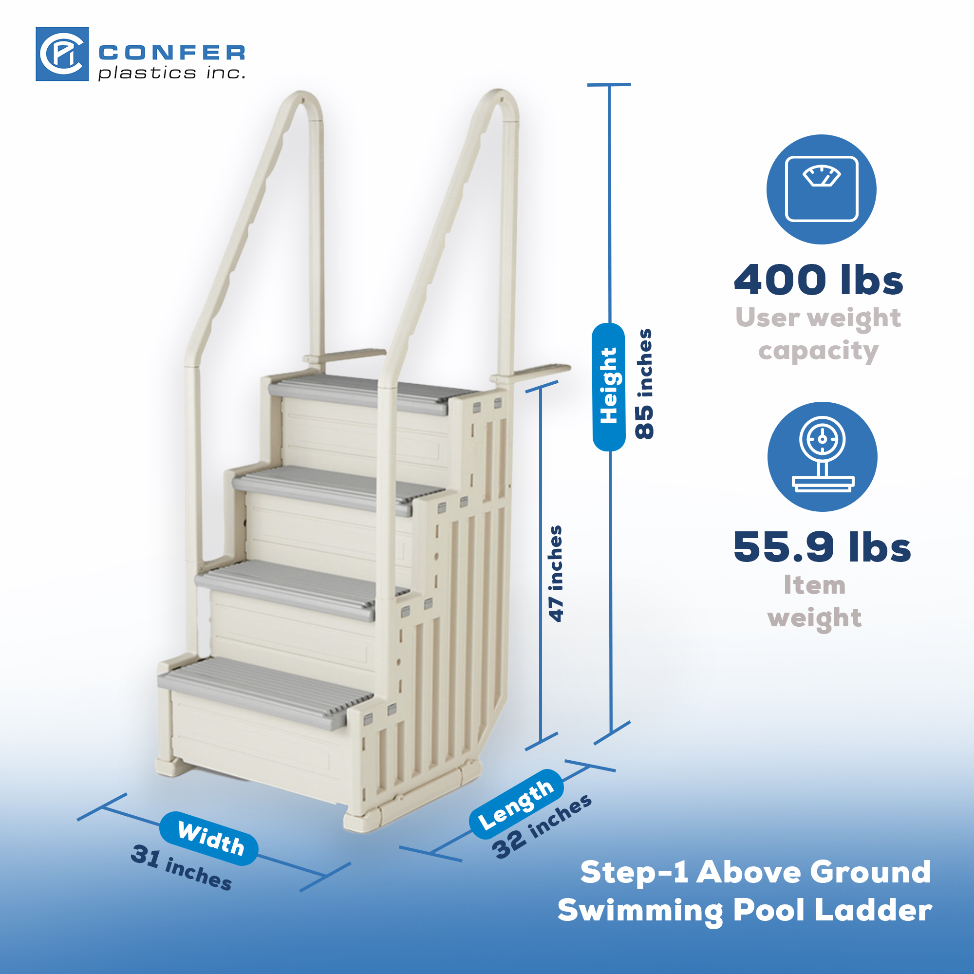 Confer Above Ground Swimming Pool Ladder 4 Stair Step Entry System, Gray - image 2 of 9