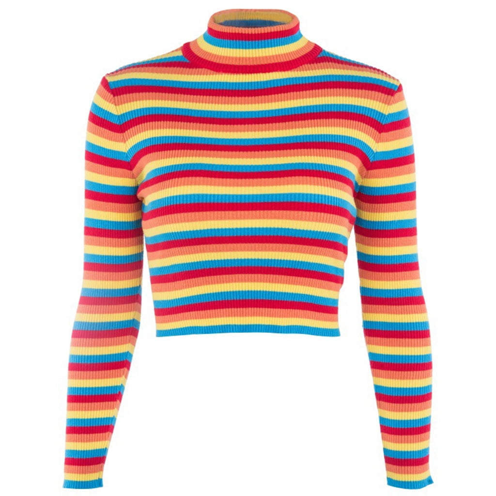 Womens Autumn Long Sleeve Turtleneck Sweater Colorful Rainbow Stripes Short  Crop 