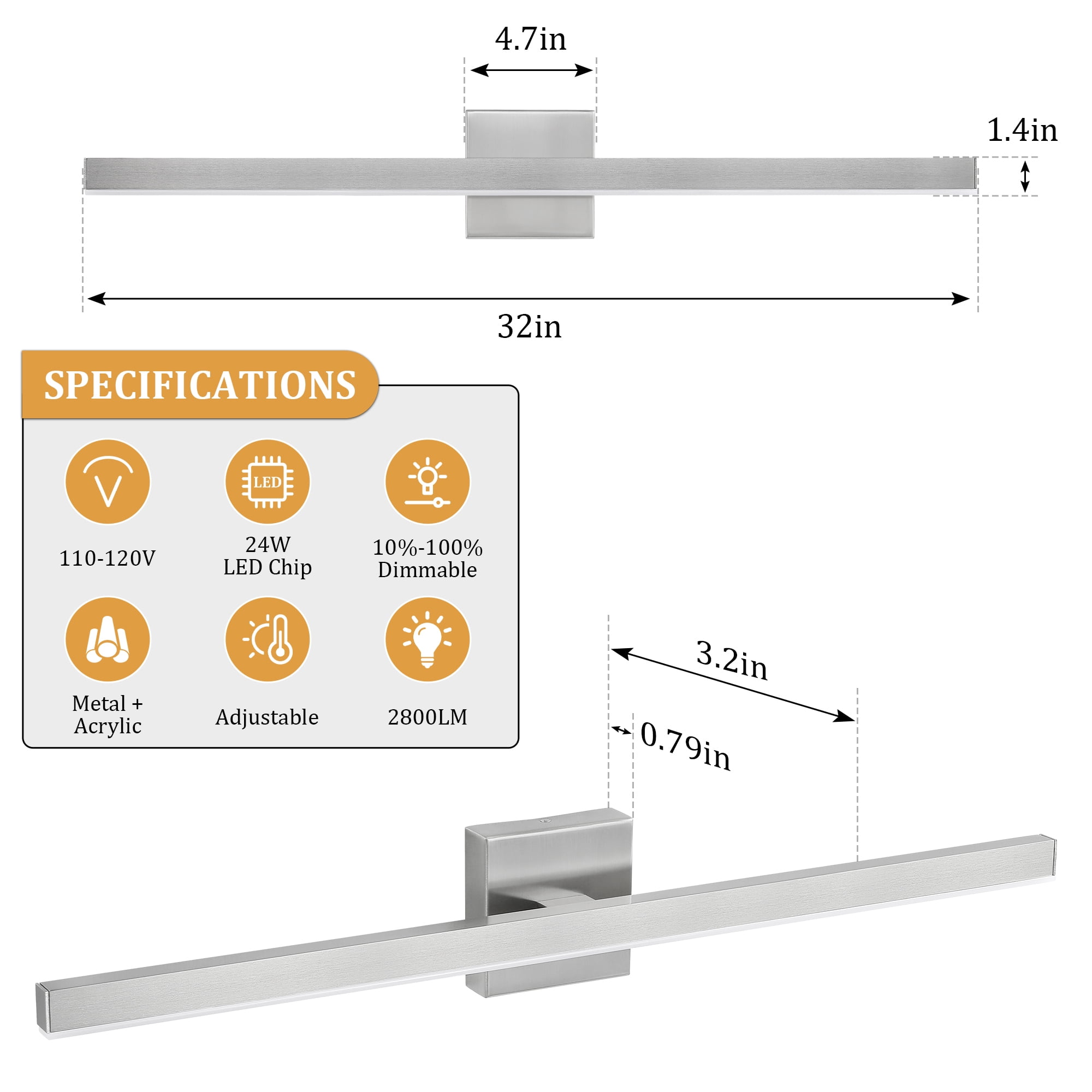 Minimalist Linear LED Modern Lighting Fixtures 32'' Bathroom Brushed Nickel Vanity Light Dimmable Over Mirror Wall Sconce for Bathroom