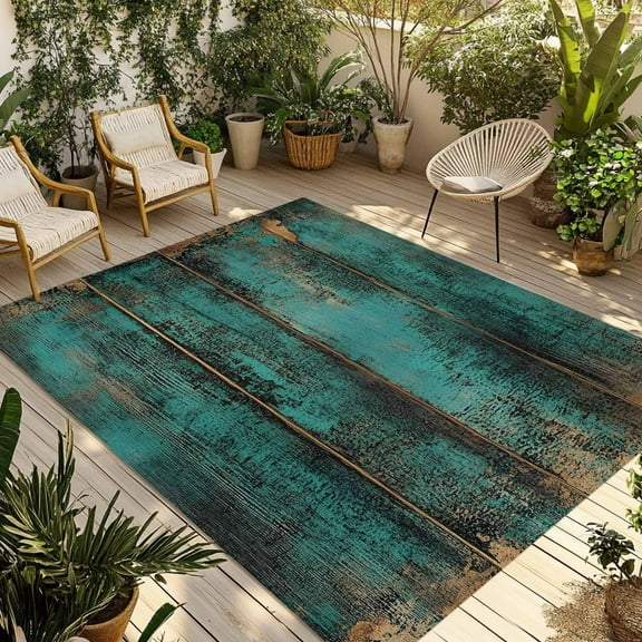 Fsddascl Teal Brown Wood Print Outdoor Rug for Patio/Deck/Porch, Non-Slip Large Area Rug 4 x 6 Ft, Simple Vintage Plank Indoor Outdoor Rugs Washable Area Rugs, Reversible Camping Rug Carpet Runner