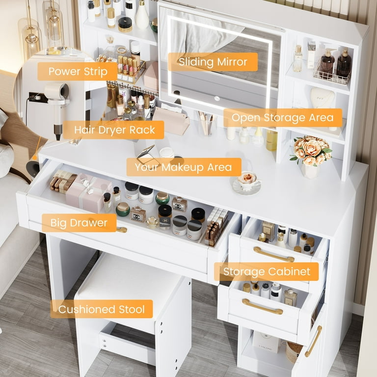 knee length dresses for ladies Vanity Desk with Flip Top Mirror and Lights White 3 in 1 Night Stand Make  up Vanities Set for Women Dressing Table for Bedroom with Storage Stool